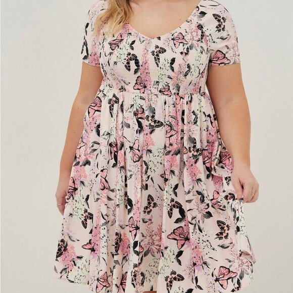 Torrid Mini Challis Smocked Skater Dress Pink Floral Butterfly 0 - Picture 9 of 9